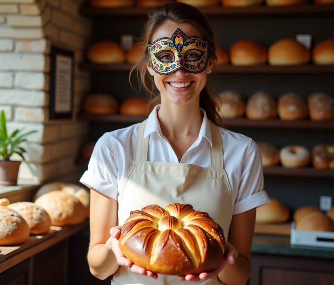 Amable panadera ofreciendo pan con un antifaz representando el concepto de privacidad
